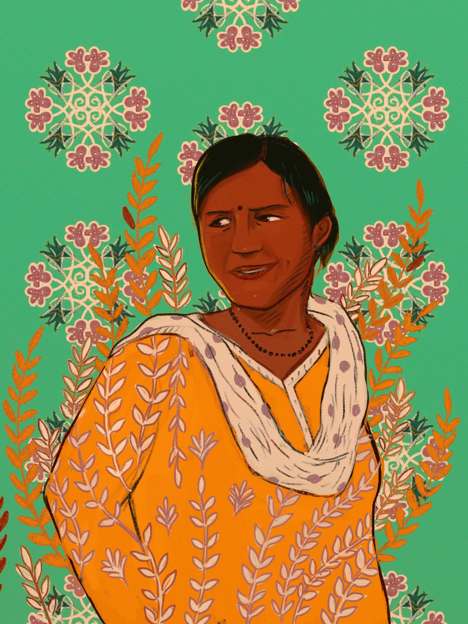 Illustration of Lataben Gamit, an Indian farmer and chairperson of Megha Mandli