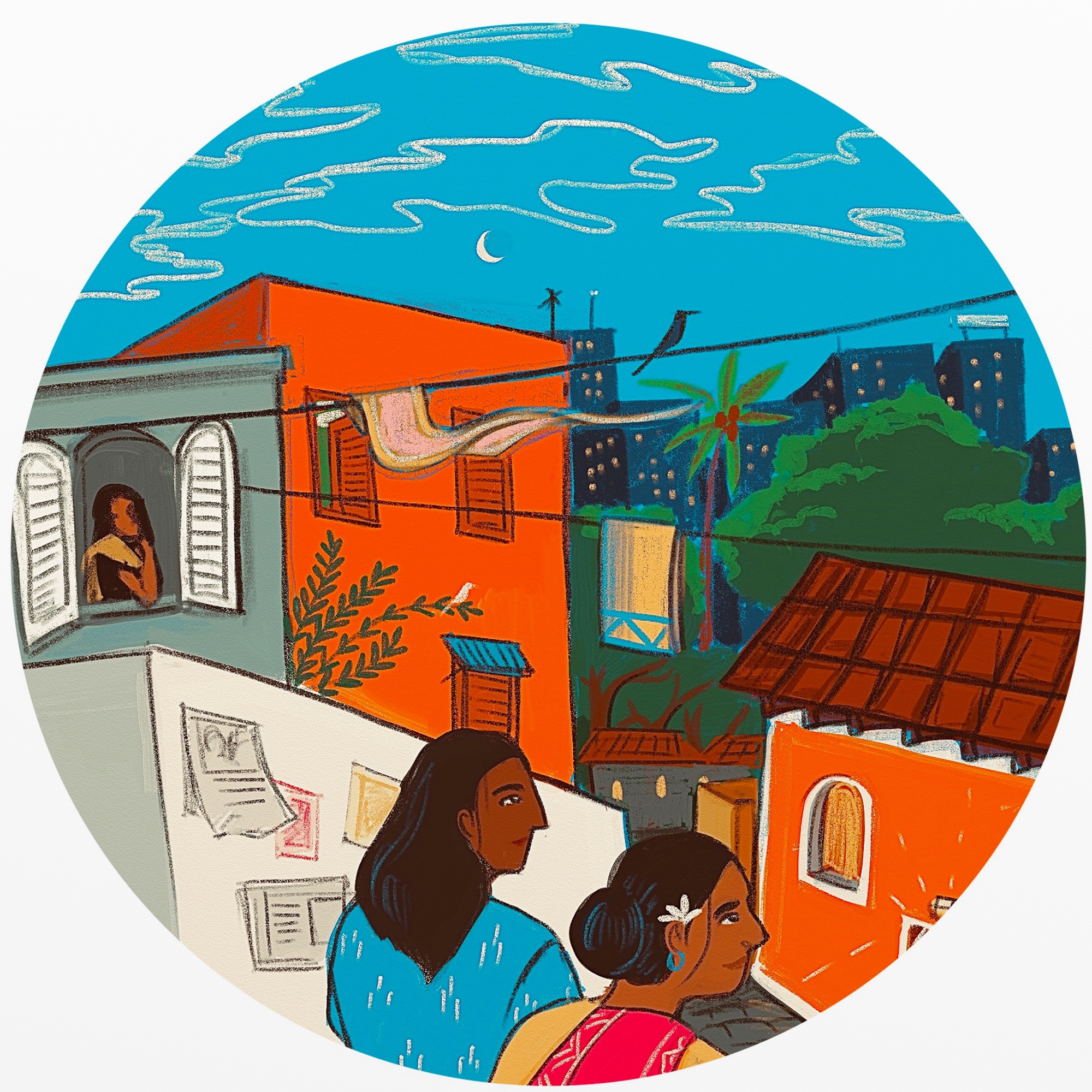 An illustration of Indian women looking out over a town