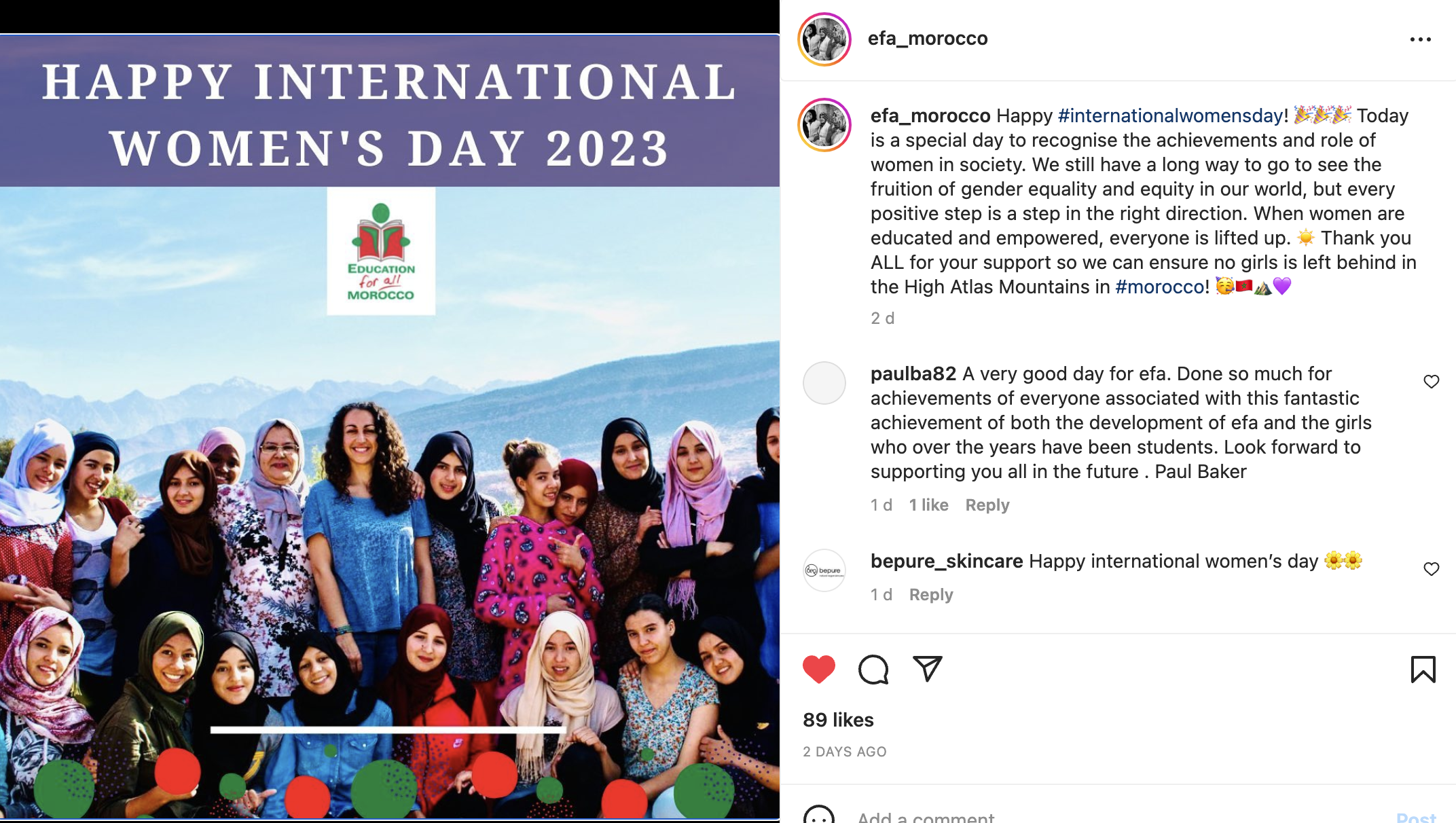 Lightful participant, Education for All Morocco, celebrated International Women's Day by posting this uplifting photo and message to their social media channels.