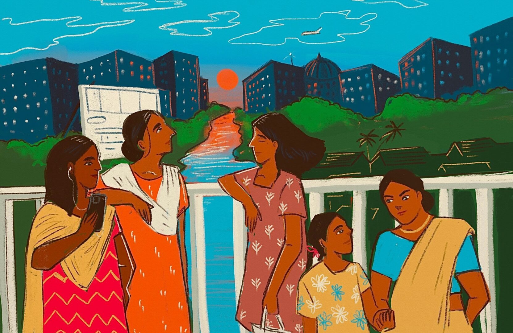 Cartoon visual of women in saris and children on a bridge